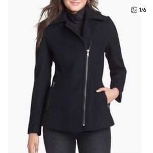 Kristen Blake Black Wool Peacoat Blazer with Asymmetric Zip